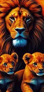Illustrated lion family with cubs on a vibrant orange background.