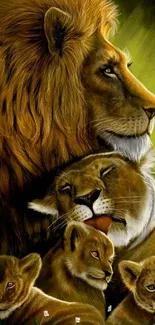 Majestic lion family resting in serene natural setting wallpaper.