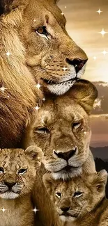 Lion family at sunset mobile phone wallpaper.