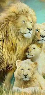 Majestic lion family in a serene natural setting.