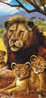 Lion family with cubs in a savannah setting, majestic and serene.