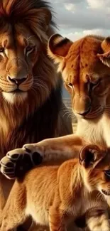 Lion family portrait with majestic scenery.