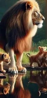 Lion family with cubs by a reflective pond in a forest.