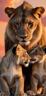 Lion family sitting together during sunset with gorgeous sky.