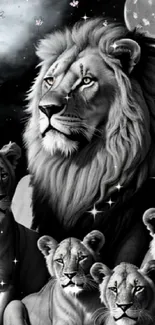 Lion family with moons in grayscale artwork.