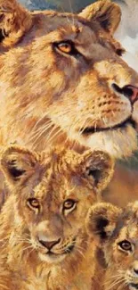 Artistic depiction of a lion family in a natural setting.