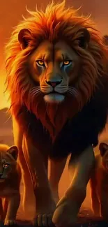 Majestic lion with cubs on a fiery backdrop