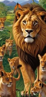 Illustration of a lion pride in jungle setting with lush greenery.