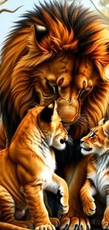 Majestic lion with two cubs in nature.