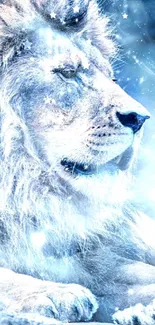 Majestic lion surrounded by snowy fantasy landscape.