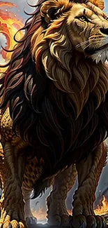 Majestic lion with fiery background in fantasy art style for phone wallpaper.