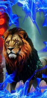 Blue aura lion fantasy wallpaper with vibrant colors and neon effects.