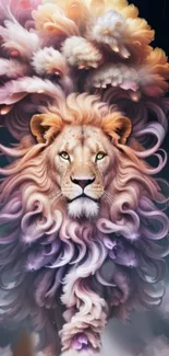 Majestic lion surrounded by ethereal clouds in fantasy art wallpaper.