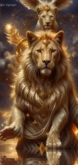 Fantasy art of a majestic lion with golden tones and ethereal background clouds.