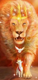 Majestic lion with glowing crown in fiery fantasy scene.