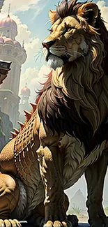 Majestic lion with a castle fantasy background.