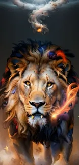 Fantasy lion with fiery elements in vibrant colors on dark background.