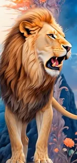 Lion in a vibrant fantasy landscape