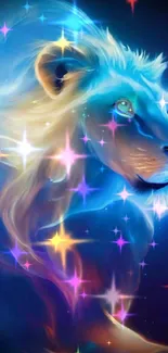 Digital artwork of a majestic blue lion.