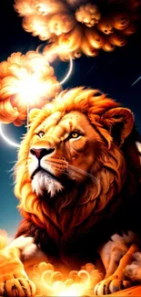 A majestic lion amidst cosmic clouds with a fantasy and celestial background.