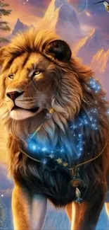 A majestic lion with a glowing necklace in a fantasy landscape.