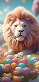 Majestic lion in colorful fantasy world with pastel spheres.