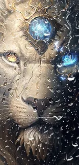 Majestic lion with mystical eyes and glowing symbol on forehead.