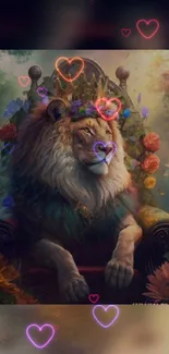 Majestic lion on a throne surrounded by vibrant flowers and mystical hearts.