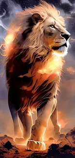 Majestic lion with fiery mane and cosmic background art.