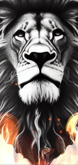 Monochrome lion with fiery flames in artistic wallpaper design.