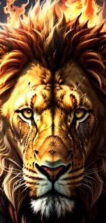 Majestic lion surrounded by fiery flames in a vibrant wallpaper.