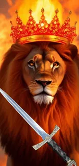 Majestic lion with fiery crown and sword in vibrant orange tones.