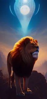 Majestic lion under a glowing celestial sphere in a galaxy-themed landscape.