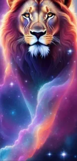 Majestic lion in a colorful galaxy-themed wallpaper.