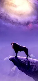 Lion on cliff under galaxy sky mobile wallpaper.