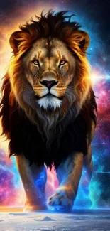 Majestic lion with cosmic galaxy backdrop, vibrant and stunning design.