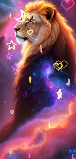 Majestic lion with galaxy background, vibrant and ethereal on mobile screen.