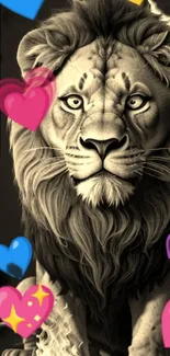 Majestic lion with colorful hearts wallpaper.