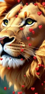 Majestic lion with red hearts floating around.