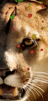 Lion with autumn leaves wallpaper for mobile screen.