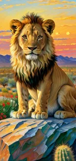 Majestic lion sitting on a rock in a colorful desert at sunset.