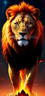 Majestic lion amidst fiery landscape with a cosmic background.