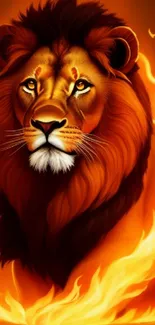 Majestic lion in glowing fiery orange design, perfect for mobile wallpaper.