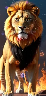 Majestic lion standing in fiery landscape, mobile wallpaper.