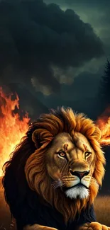 Majestic lion with fiery forest backdrop.