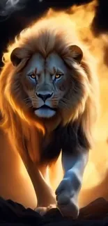 Lion walking through fiery flames with intense gaze.