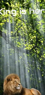 Majestic lion resting under sunlit forest canopy with 'King is here' text.