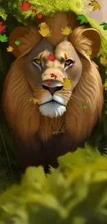 Lion hidden in jungle with autumn leaves.