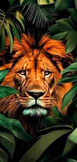 A majestic lion surrounded by lush jungle foliage.