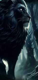 Majestic black lion standing in dark, misty forest with glowing eyes.